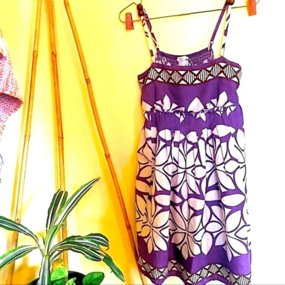 Day Dress Linen Feel Pleated Purple Print Dress - Picture 4 of 12